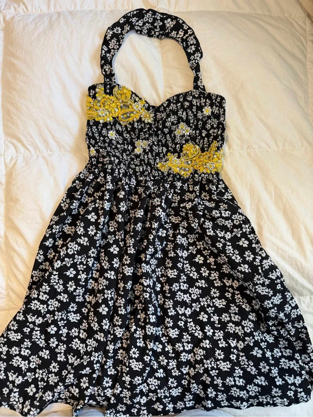 Black & White Floral Halter Dance Dress with Yellow Embellishment - girls